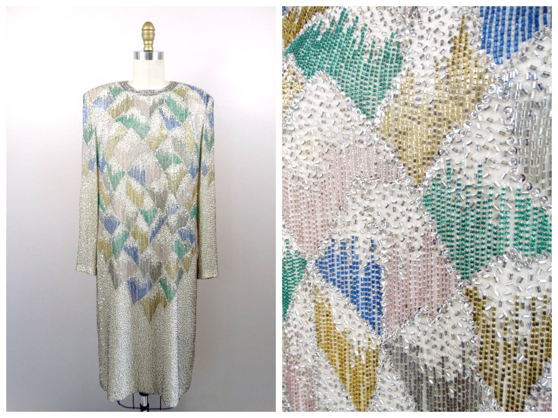 70S Kristall Perlen Strass Kleid // Glamourös Verziertes Handgenähtes Mit Kristallsteinen von braxae