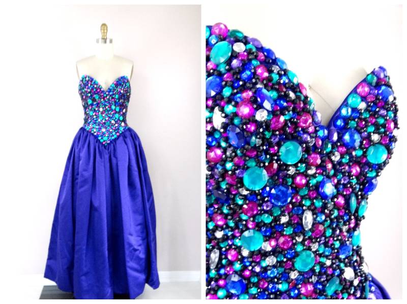 80Er 90Er Couture Juwelen-Ballkleid/Abendkleid Mit Edelsteinperlen 1990Er Lila Edelstein Verziertes Trägerloses Bustier-Ballkleid von braxae