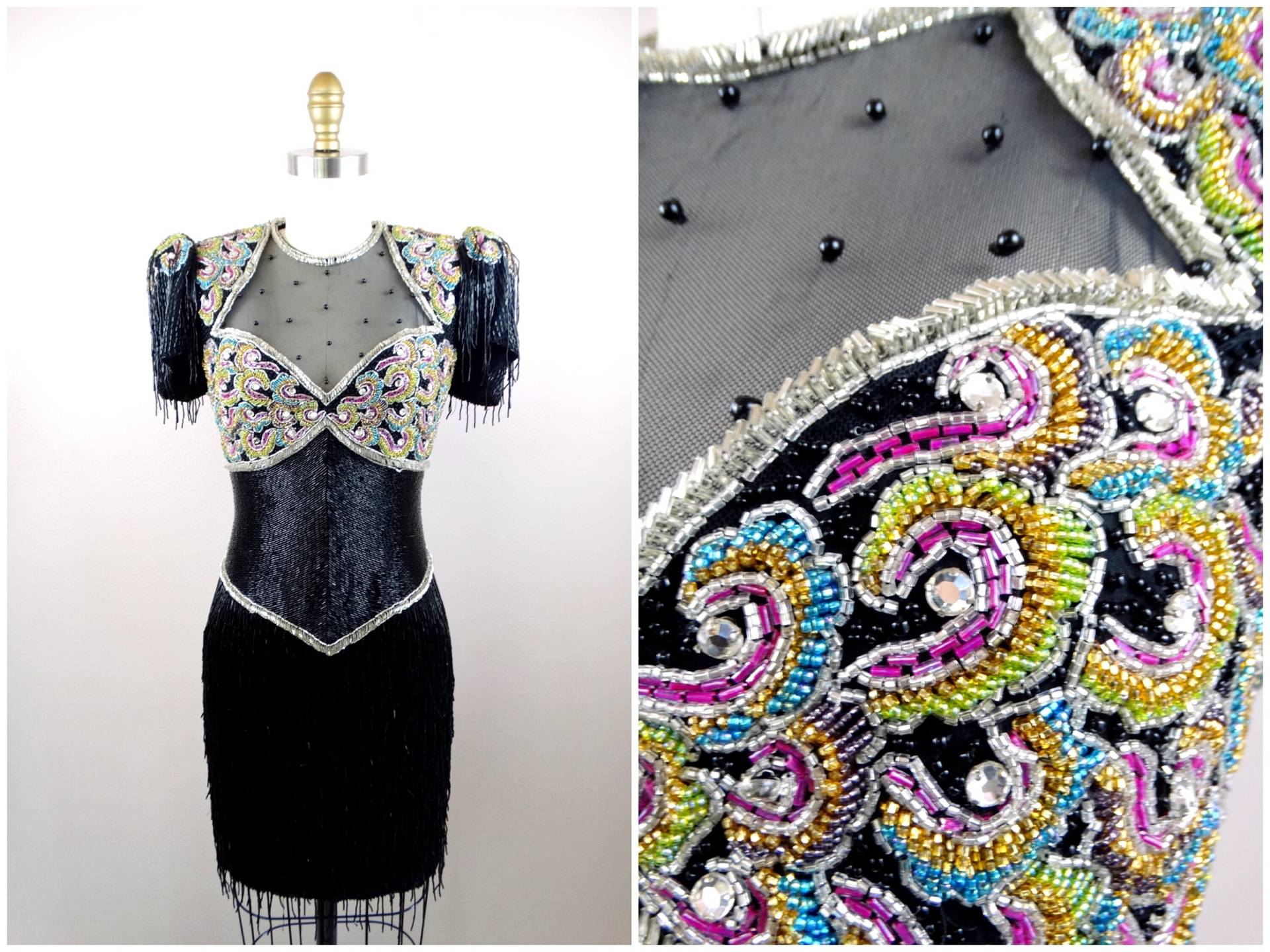 80Er 90Er Couture Perlenfransenkleid // Schweres Vintage Designer Minikleid Schweres Voll Verziertes Kleid Xs von braxae