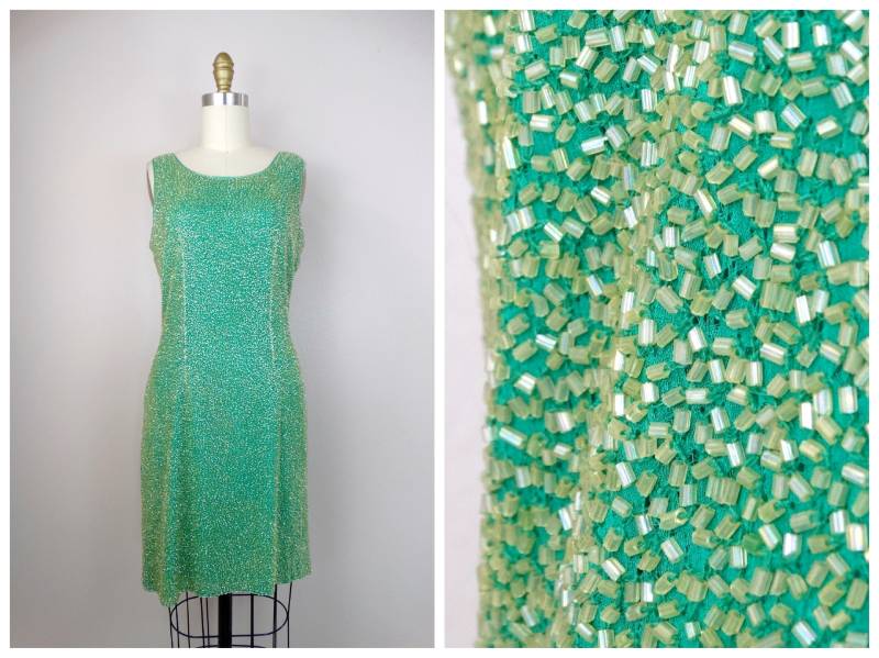 80Er 90Er Jahre Beaded Kleid/1980Er 1990Er Vintage Chartreuse Grün Seide Gelb Perlen Cocktailkleid von braxae