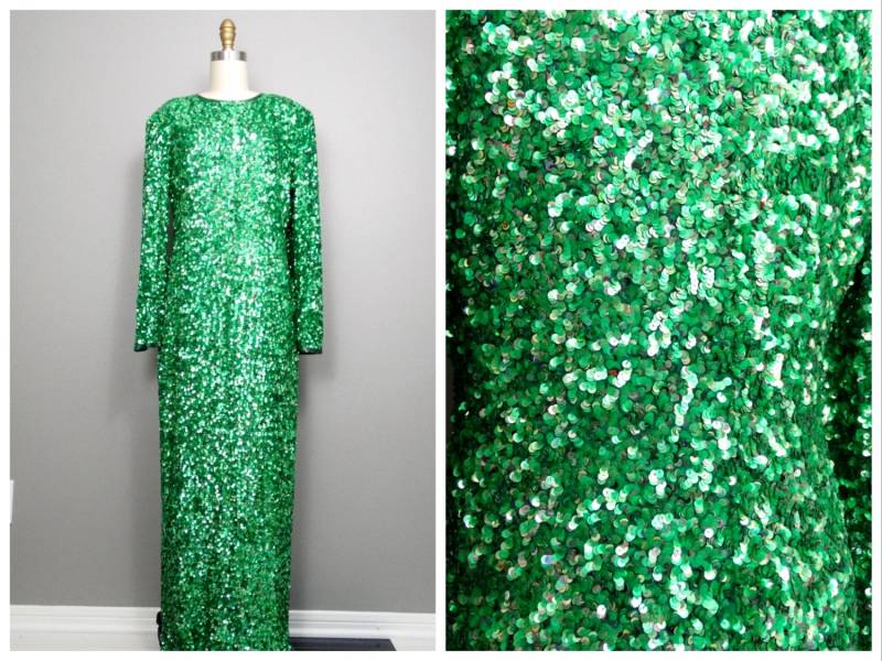80Er 90Er Jahre Couture Vintage Paillettenkleid Von Philippe Albert/Kelly Green Full Neck All Embellished Silk Dress Smaragdgrünes von braxae