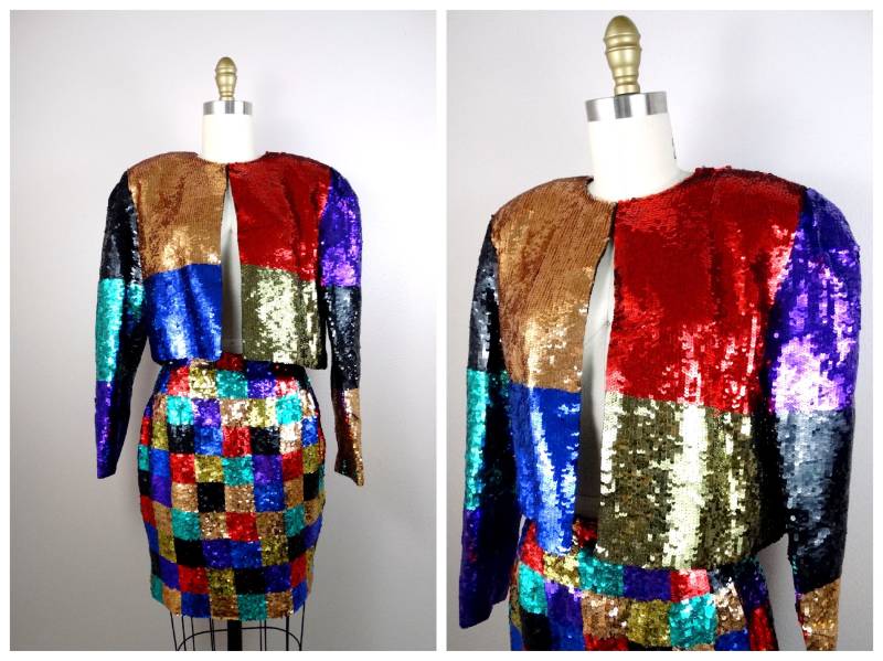 80Er 90Er Jahre Farbblock Sequin Color Block Jacke Und Mini Rock // Buntes Colorblock Pailletten Kleid Set Von Black Tie Oleg Cassini von braxae