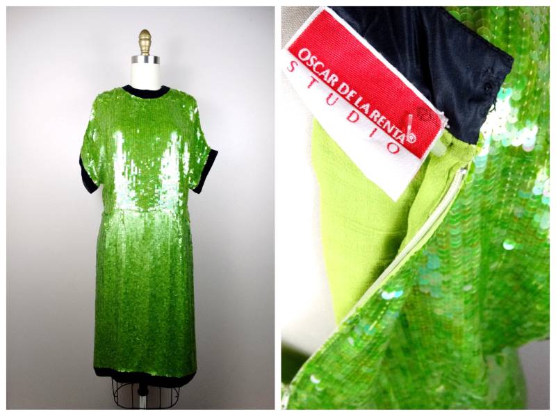 80Er 90Er Oscar De La Renta Pailletten Kleid/Mod Lindgrünes Vintage Designer Couture Helles Paillettenkleid Us Größe 6 von braxae