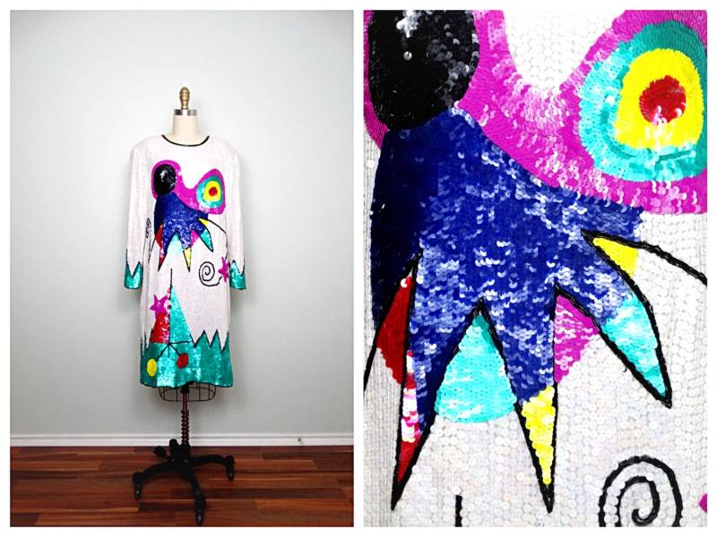 80Er 90Er Pailletten Art Kleid ‣ Bunt Pop Deco Abstrakt Funky Einzigartig Whimsy Artsy Trophy Deadstock Vintage von braxae