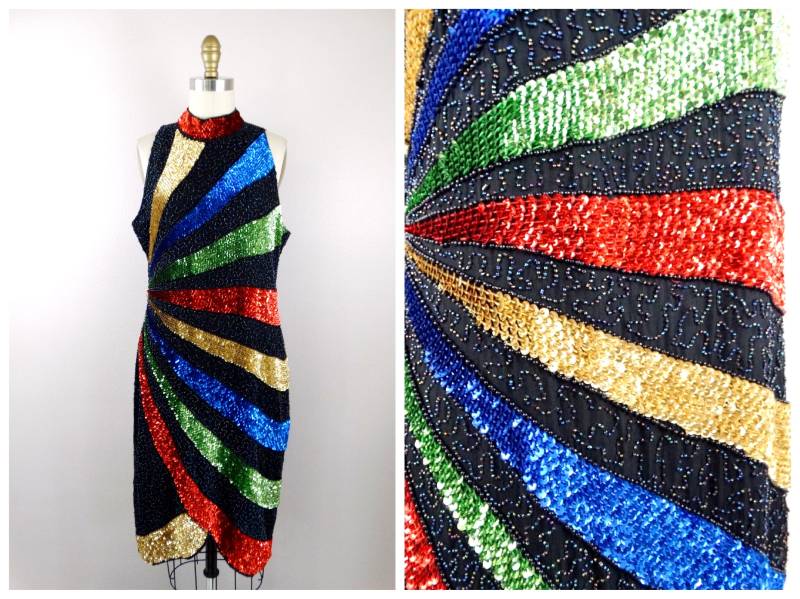 80Er 90Er Primärfarbe Pailletten-Abend-Cocktailkleid/Spaß-Formelle Party Ärmellos Trophy Perlenkleid von braxae