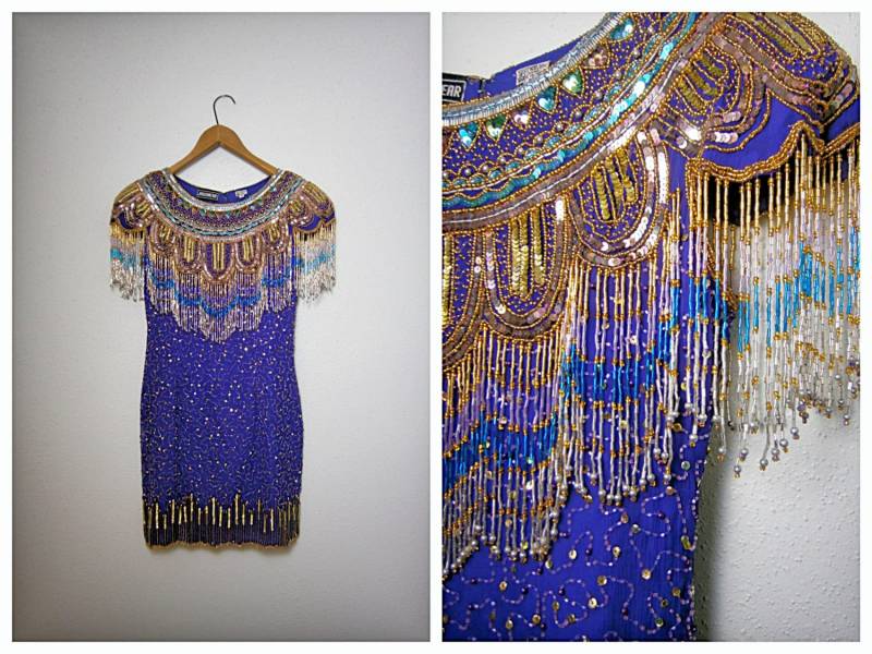 80Er Jahre Fransen Perlen Kleid // Lila Und Gold Pailletten Art Deco Quaste Ärmel Party M Medium von braxae