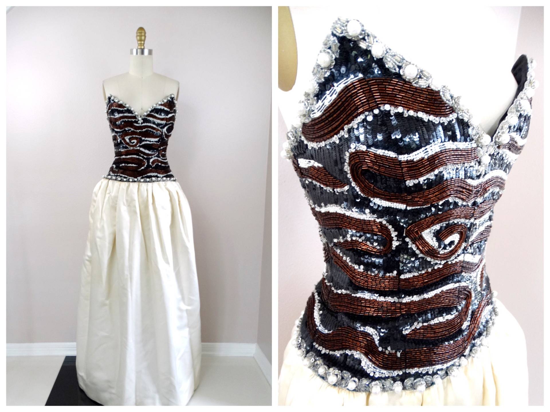 80Er Jahre Abendkleid Verziertes Ballkleid // Perlenbesetztes Pailletten Bustier Kleid Trägerloses Sweetheart Mit Taschen von braxae