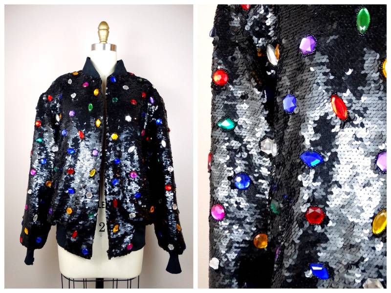 80Er Jahre Glam Juwelenverzierte Bomberjacke/Regenbogen-strassmantel Vintage-Jacke von braxae
