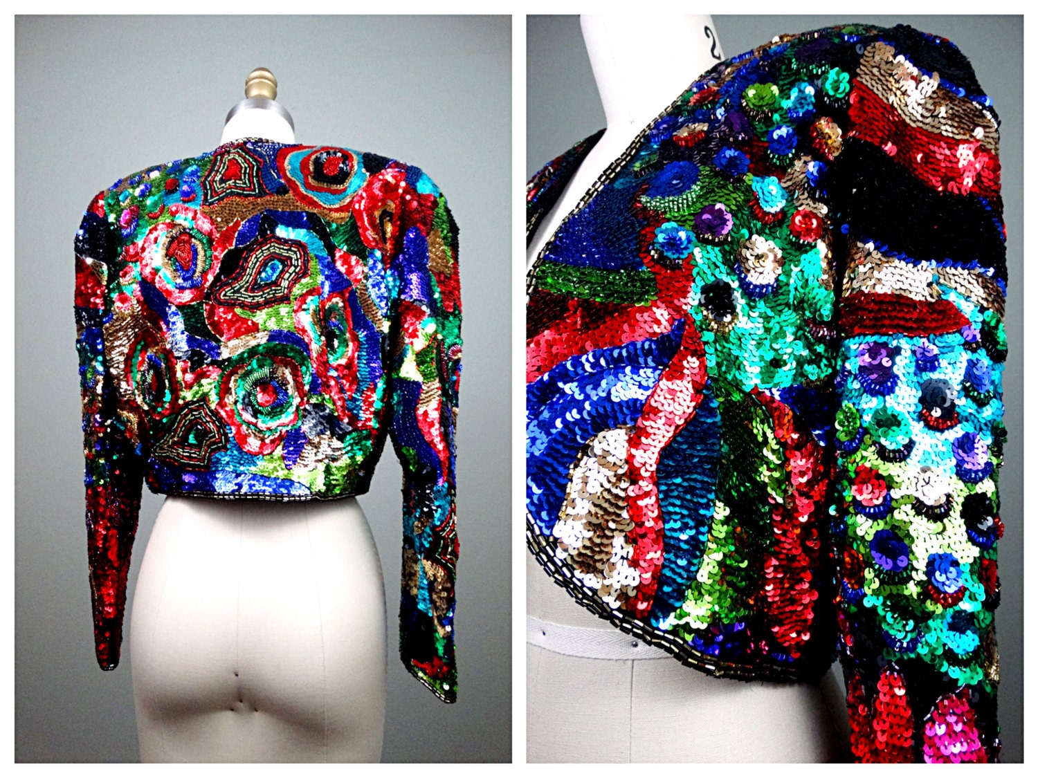 80Er Jahre Glam Perlen Bolero/Retro Vintage Regenbogen Pailletten Verzierte Trophy Jacke Kurzer Shrug von braxae