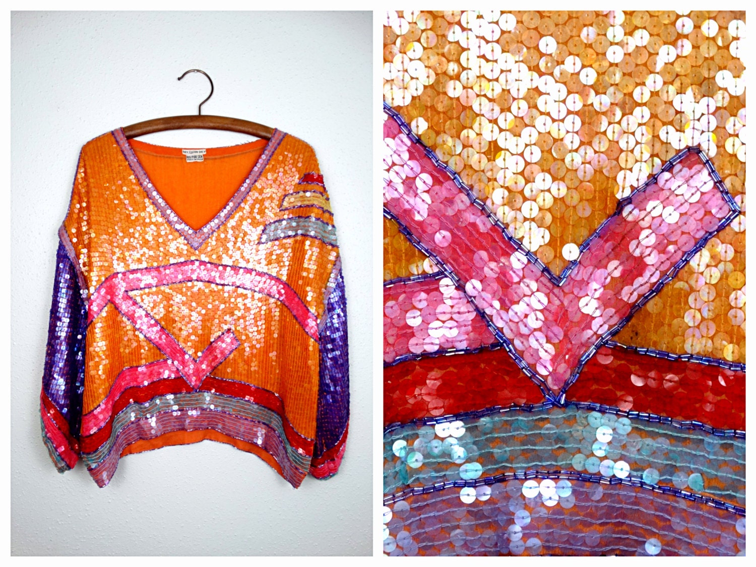 80Er Jahre Hell Orange Pailletten Top // Color Block Dolman Ärmel Handbestickte Bluse von braxae