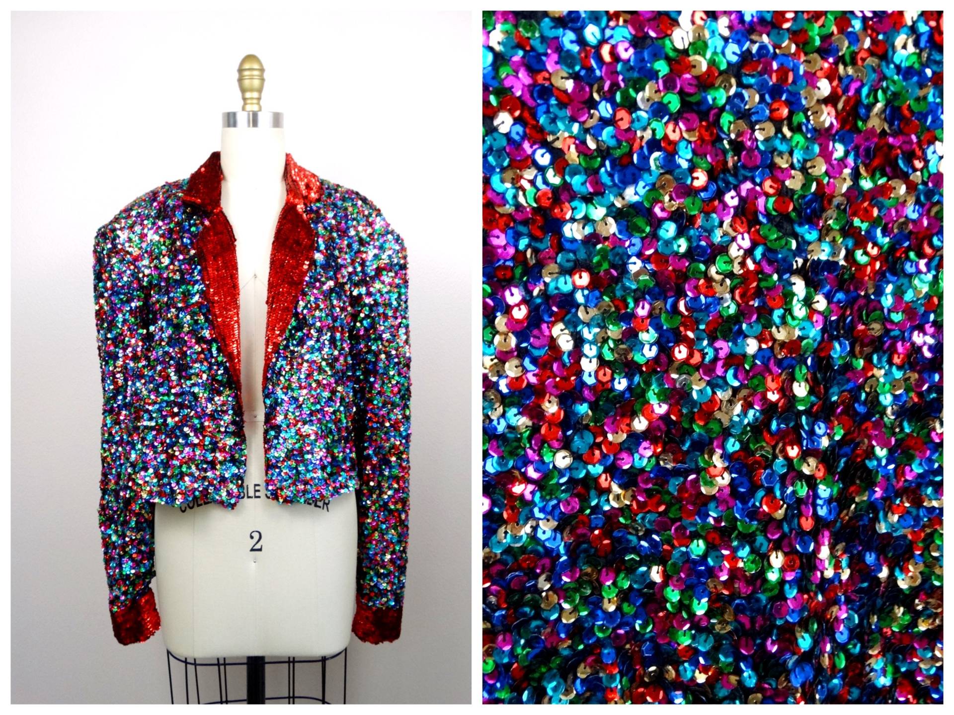 80S Confetti Pailletten Kurzjacke // Vintage Bomberjacke in Regenbogen Farben von braxae