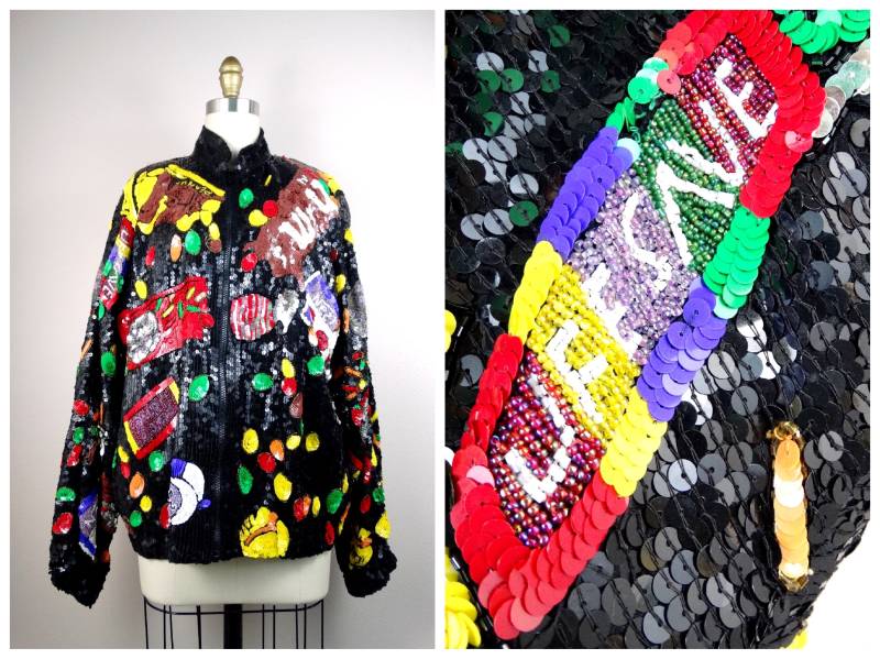 80Er Jahre Pailletten Bomberjacke // Retro Paillettenjacke Handbemalte Jacke von braxae