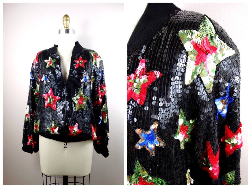 80Er Jahre Sequin Star Bomber Jacket/Paillettenjacke Retro L Large von braxae