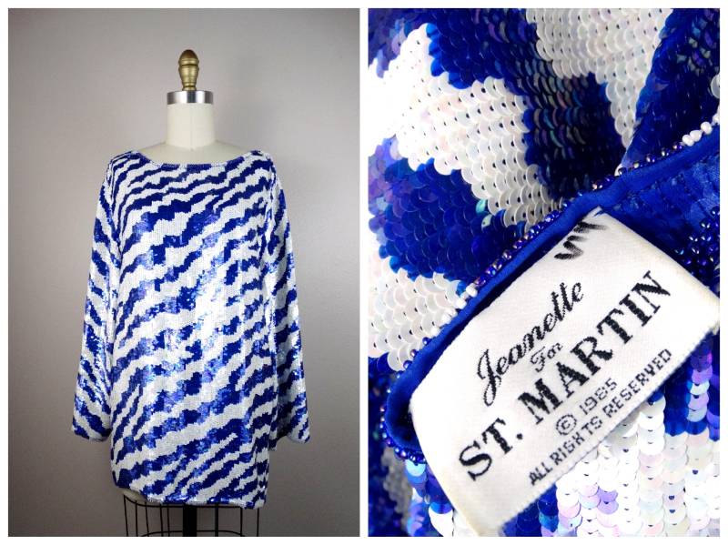 80Er Jahre Vintage Paillettenbluse/Wild Animal Print Paillettentop Hellblau-Weißes Von Jeanette Für St. Martin von braxae