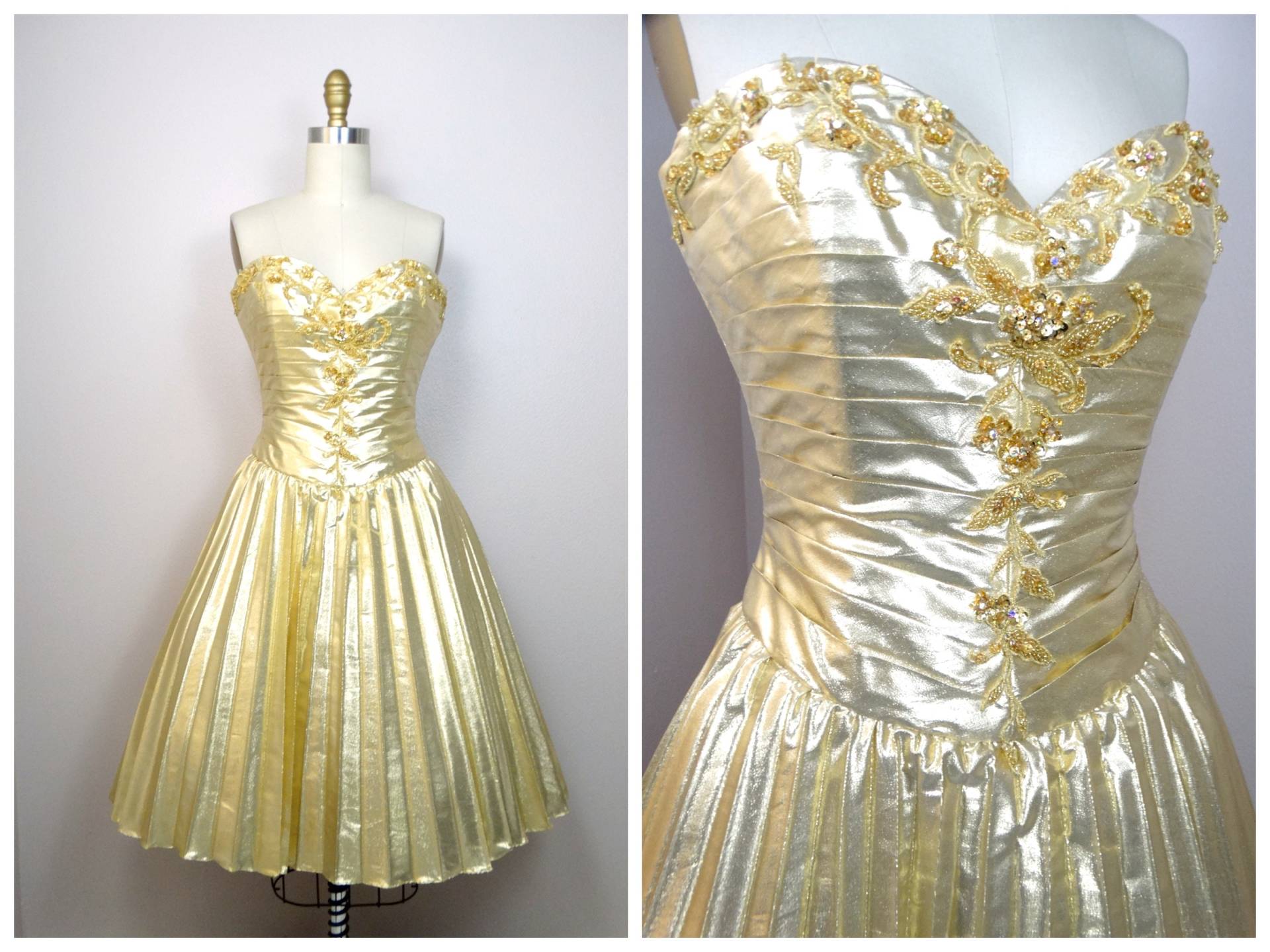 80S Lame Gold Kristall Perlen Trägerloses Kleid // Goldenes Pailletten Bustier von braxae