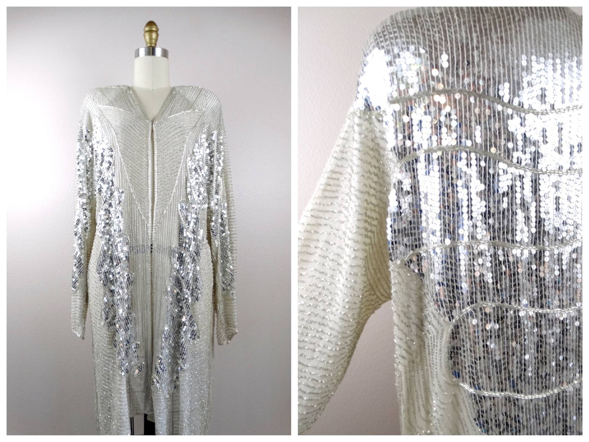 80S Sequined Long Jacket // Jeanette For St. Martin Beaded Duster Reflex-Spiegel-Silber-Pailletten-Verzierter Kimono von braxae