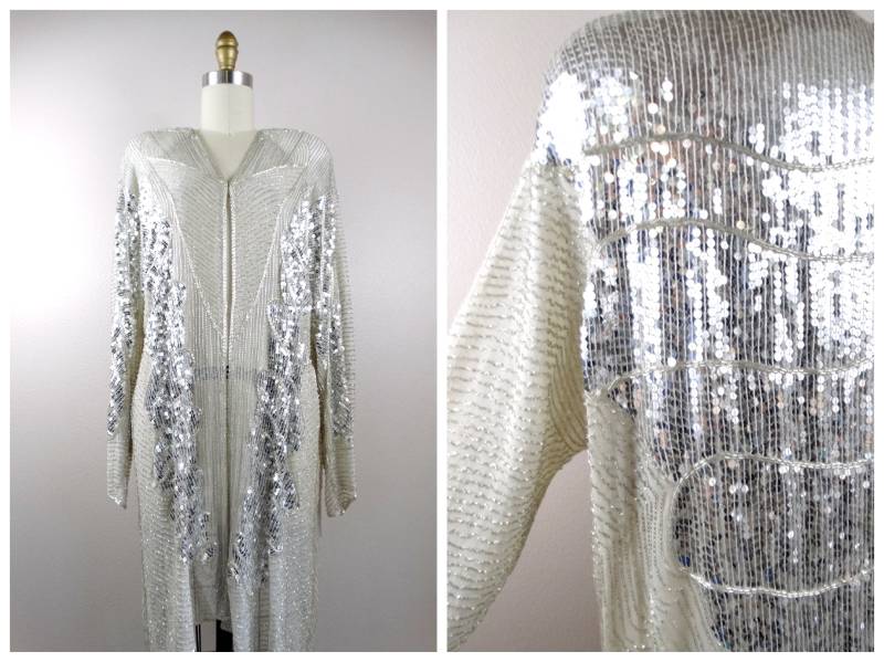 80S Sequined Long Jacket // Jeanette For St. Martin Beaded Duster Reflex-Spiegel-Silber-Pailletten-Verzierter Kimono von braxae
