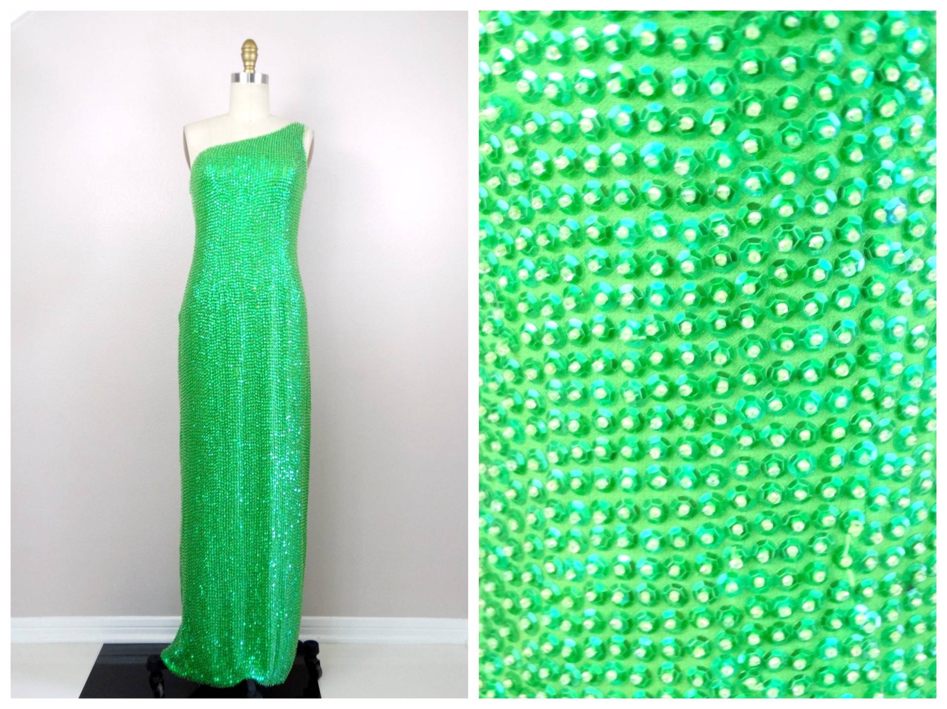 90Er Couture Paillettenkleid/Neon Irisierendes Fluoreszierendes Limettengrünes von braxae