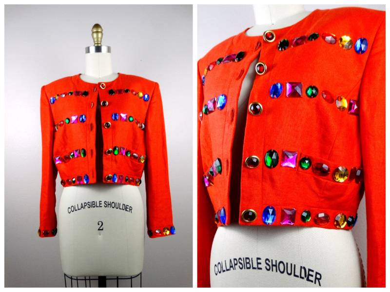 90Er Jahre Escada Juwel Verzierte Kurze Blazer/Retro Regenbogen Edelsteine & Juwelen Rote Bolero Jacke von braxae