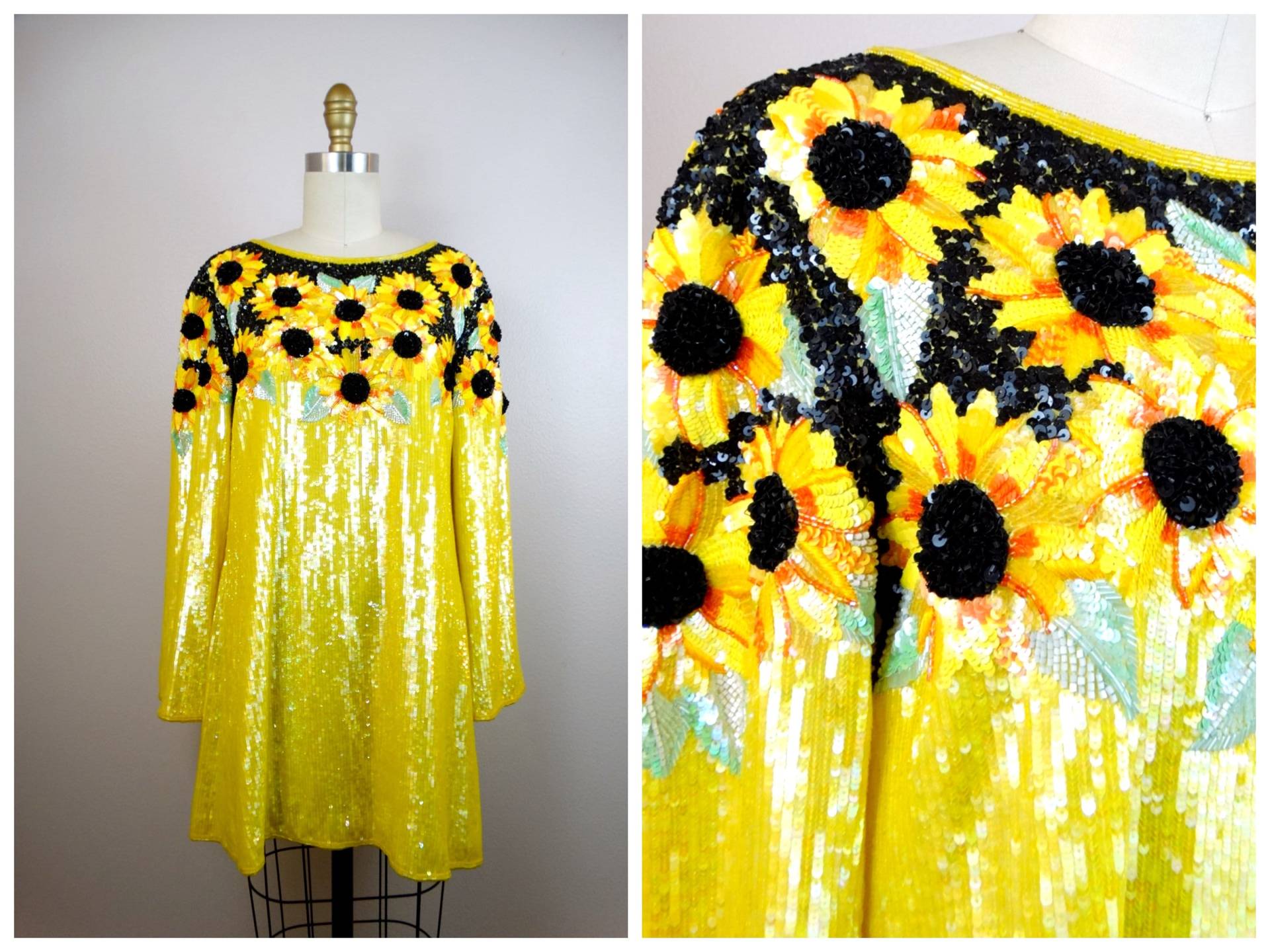 90S Escada Couture Pailletten Mini Kleid // Sunflower Verziertes Long Tunic Top Oder Micro von braxae