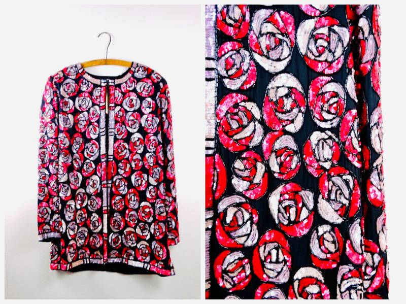 Abstrakte Rosen Paillettenjacke/Rot Und Rosa Perlenbesetztes Pailletten Vintage Blumen Abend Cardigan Top von braxae