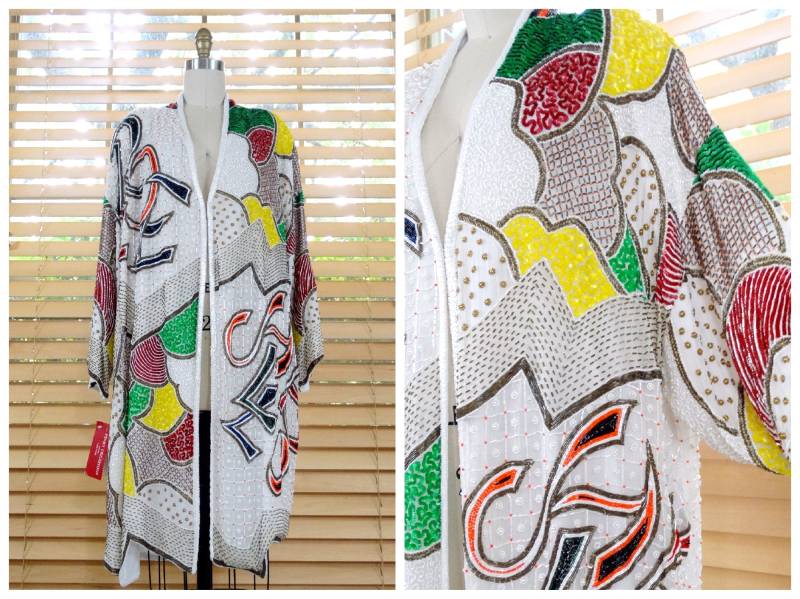 Abstrakter Perlenbesetzter Pailletten Duster Mantel/Weißer Neuheit Offener Kaftan Vintage Kimonojacke O S von braxae