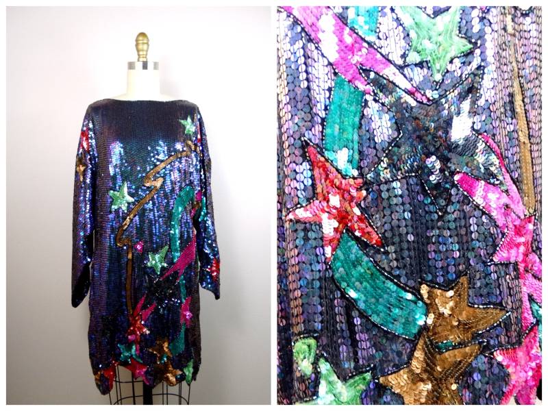 M/L Celestial Star Pailletten Mini Kleid // Galaxy Party Astrologie Paillettenkleid von braxae