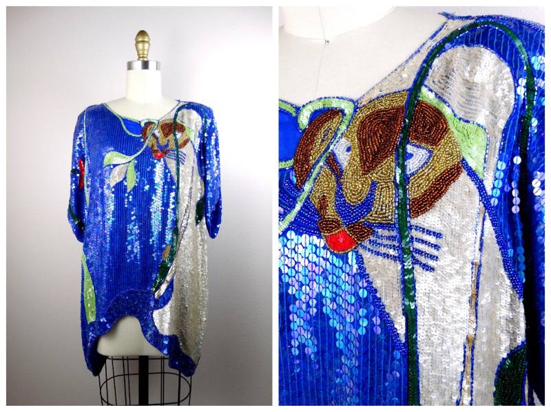 Abstraktes Wildes Tier Pailletten-Top/Übergroße Verzierte Tunika Leuchtende Blaue Funky Vintage-Perlen-Lange Bluse Xl von braxae