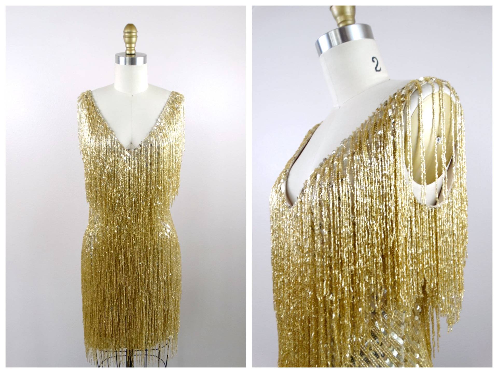 All Over Fransen Perlen Pailletten Kleid // Gatsby Flapper Gold Verziertes Mini Couture von braxae