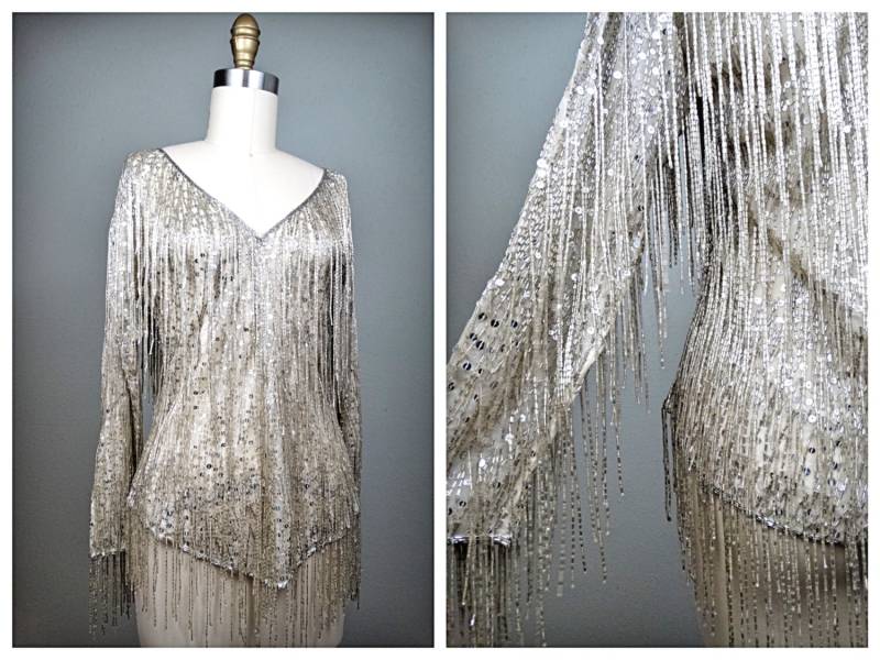 Alle Fringe Perlen Top/Haute Couture Designer Vintage Stark Verschönert Spiegel Pailletten Quaste Elegante Bluse von braxae