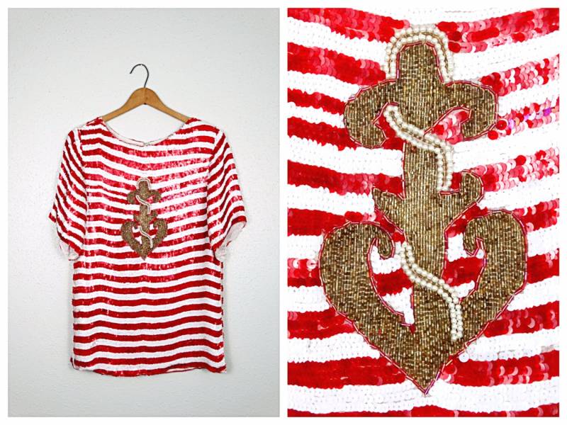 Anchor Perlen Pailletten Deco Top/Gestreifte Maritime Bluse Rot Weiß Gold Seidenhemd von braxae