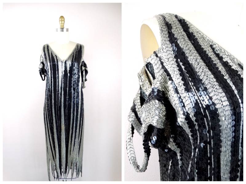 Art Deco Glasperlen Kleid/Seiden Pailletten Flapper 80Er-Bis-20Er-Jahre Mit Offener Schulter von braxae