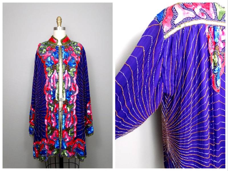 Art Deco Pailletten Duster/Boho Neuheit Verzierte Offener Kaftan Rosa Und Lila Perlen Lange Jacke Mantel Von Judith Ann von braxae