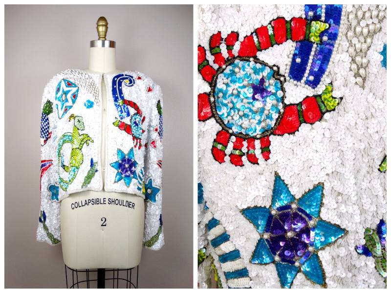 Astrologie Pailletten Kurze Jacke/Neuheit Perle Perlen Stern Verzierter Shrug Einzigartige Sternzeichen Strickjacke von braxae