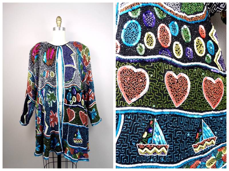 Atemberaubender Regenbogen Pailletten Kimono/Helle Perlen Jacke Neuheit Herzen Und Abstrakter Boots Mantel von braxae