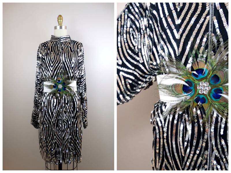 Auffälliger Spiegel Pailletten Seidenjacke Oder Minikleid/Silber Langärmeliges Oversized Dolman Mini Tunika Top Gürtel Nicht Enthalten von braxae