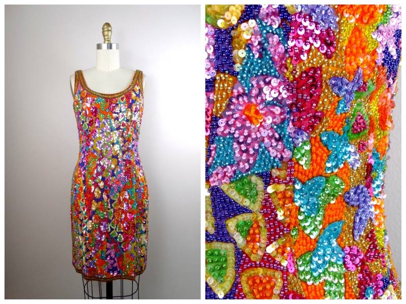 Bezauberndes Vintage Paillettenkleid/Helles Embelliertes Minikleid Buntes Pailletten-Perlenkleid Us Größe 6.5 von braxae