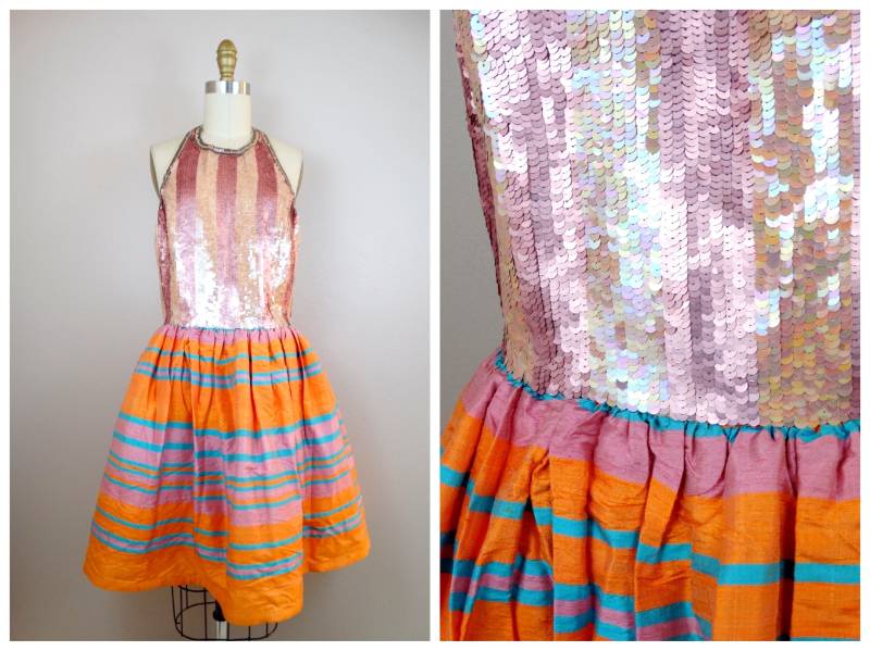 Bill Blass Couture Pailletten Sommerkleid/Designer Paillettenkleid Frühlings Verziertes Rosa Und Orange Gestreiftes Kleid von braxae