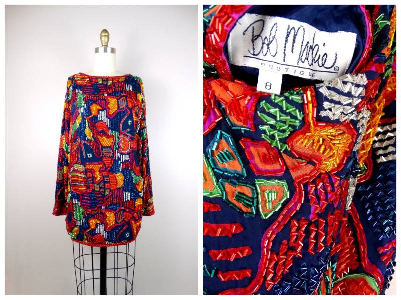 Bob Mackie Couture Perlen Lange Bluse Voll Verziert Regenbogen Tunika Top Oder Micro Mini Kleid von braxae