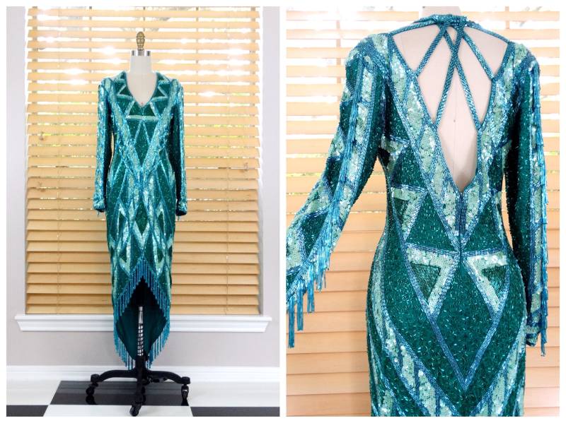 Bob Mackie Perlen Besetztes Kleid Mit Fransen/Art Deco Vintage Couture Perlenkleid Pailletten Fransenperlenbesetztes Cut Outs von braxae