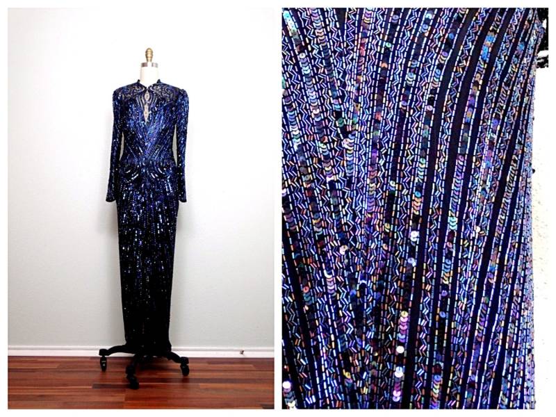 Bob Mackie Perlen Kleid/Midnight Dark Navy Pailletten Designer Couture Abendkleid von braxae