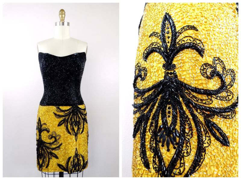 Bob Mackie Perlen Kleid Handverschönerte Schwarze Und Gelbgold Trägerlose Minikleid Braxae Vintage Co von braxae