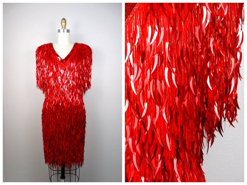 Cattail Fringe Sequin Cocktail Party Dress/Vtg Perlen Sequined Quaste Kleid Small von braxae