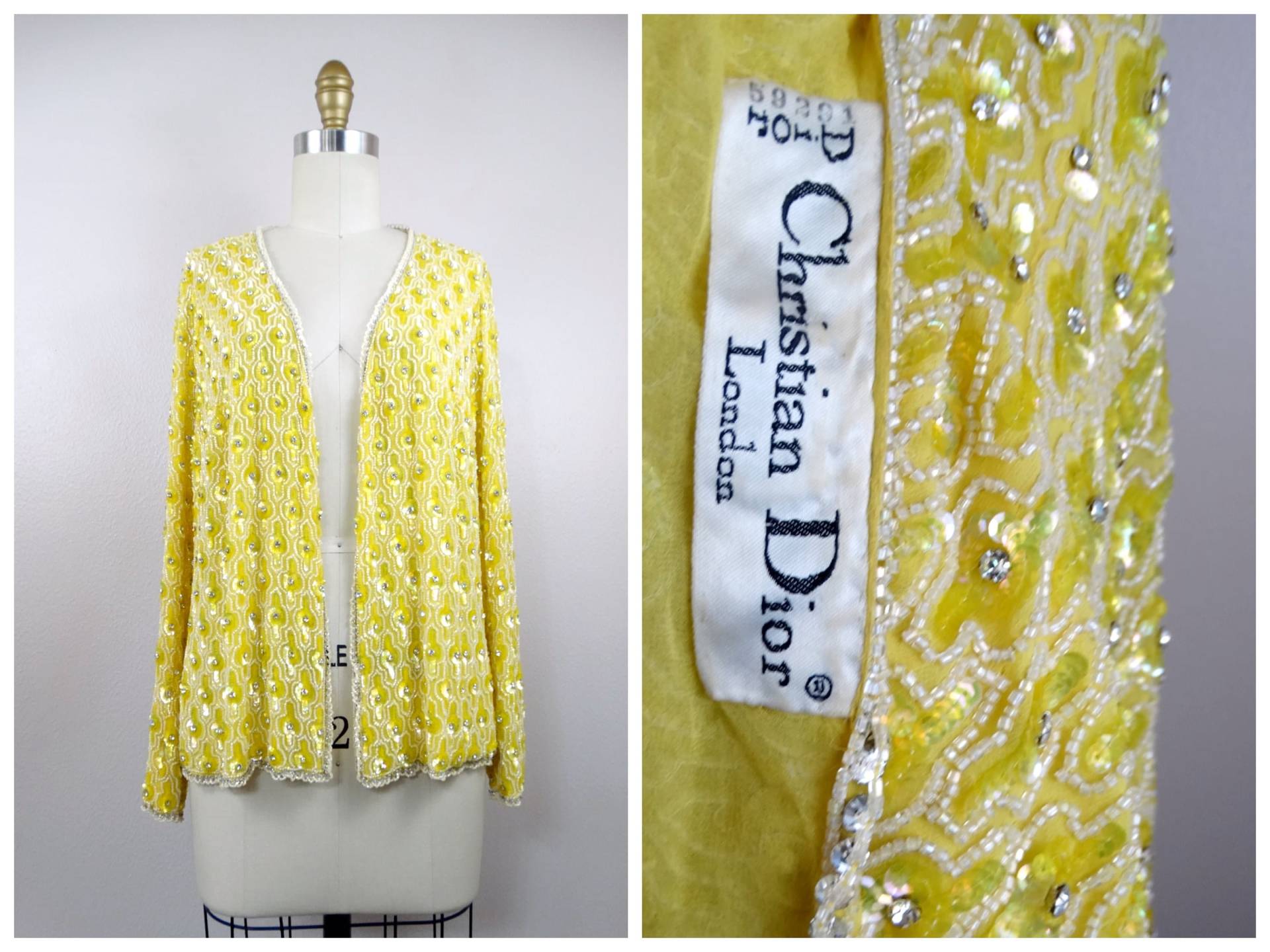 Christian Dior 60S Vintage Kristall Verschönerte Pailletten-Strickjacke // Rare 1960's Designer Haute Couture Strass Perlen Gelbe Jacke Shrug von braxae