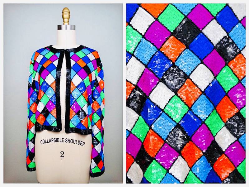 Color Pop Pailletten Karo Bolero // Neon Colorblock Cardigan Retro Kurzjacke von braxae