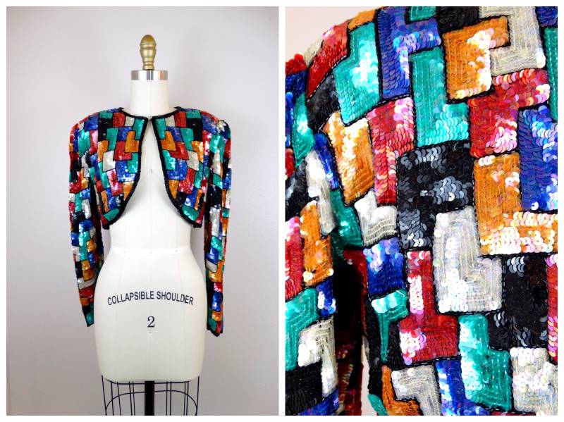 Colorblock Pailletten Bolero/Jeweled Paillettenbesetzte Kurzjacke Retro Color Block Shrug von braxae