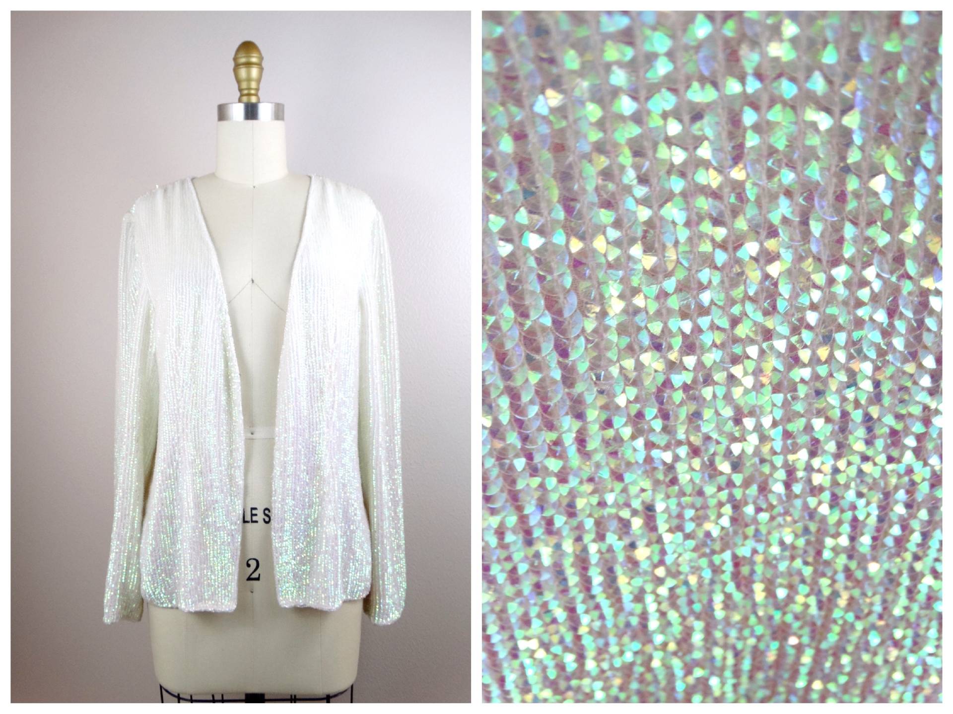 Dazzling Schillerndes Pailletten-Cardigan-Top // Weiße Meerjungfrau-Pailletten-stola Perlglanz-Opaleszierende Voll Verzierte Jacke von braxae