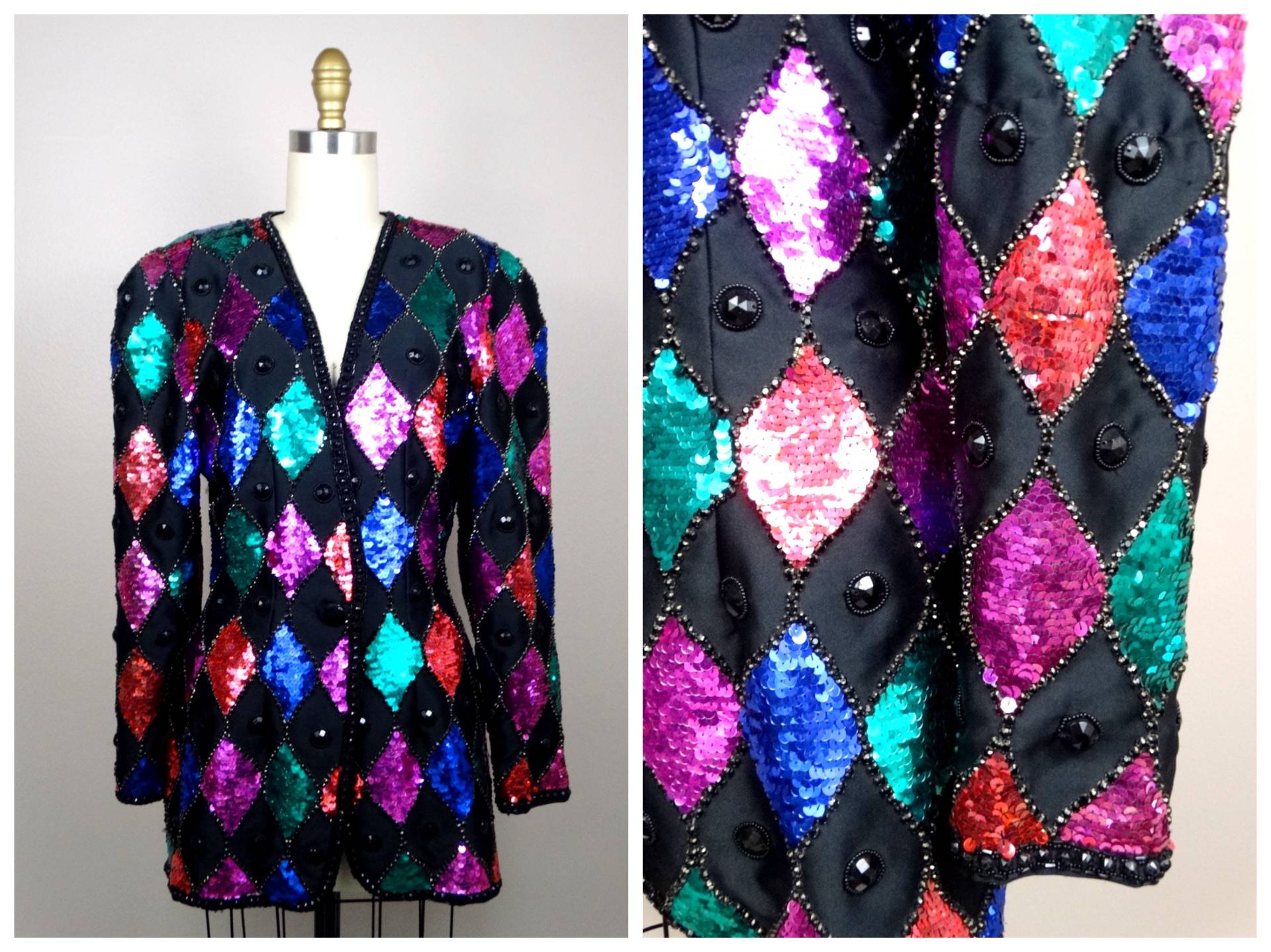 Diamantenförmiger Pailletten-Blazer // Bunte Pailletten-Jeansjacke Retro Strass Besetzter Pailletten-Abendmantel von braxae