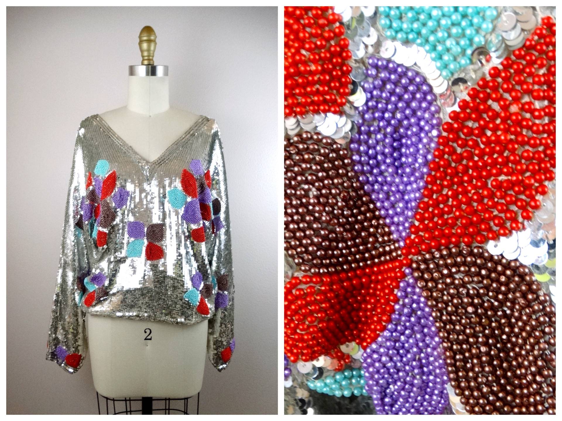 Disco Spiegel Pailletten Top // Reflektierende Silber Perlen Langärmelige Dolman Bluse von braxae