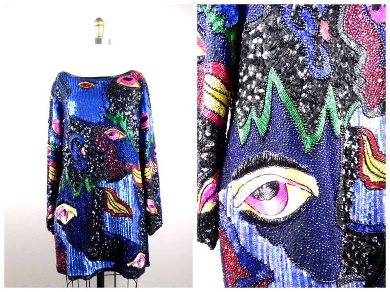 Escada Pailletten Perlen Oversized Mini Kleid // Novelty Faces Helle Dolman Ärmel Tunika Micro Shirtkleid von braxae